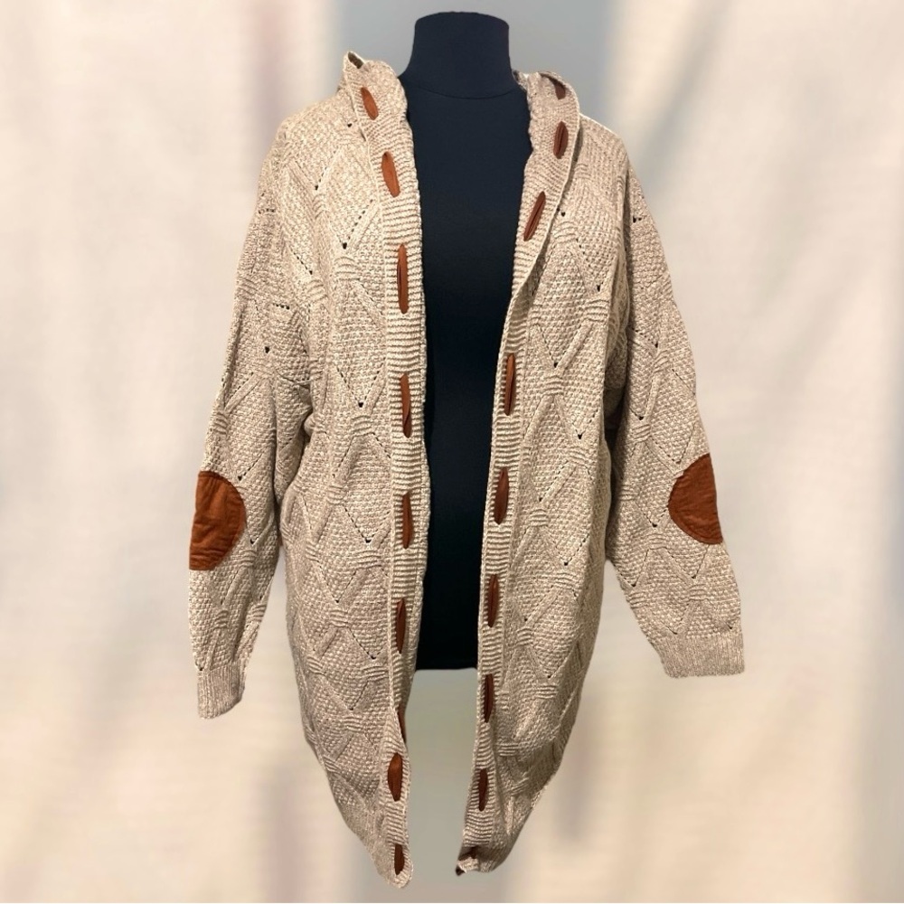 NWT Women's Long Chunky Cardigan Front Knit Sweater Suede Elbow Patch Sleeve 2X
